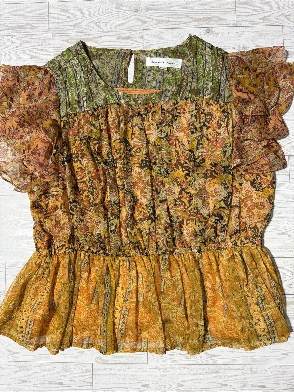 Chelsea & Theodore Paisley Ruffle Sleeve Peplum Top in Mustard and Olive